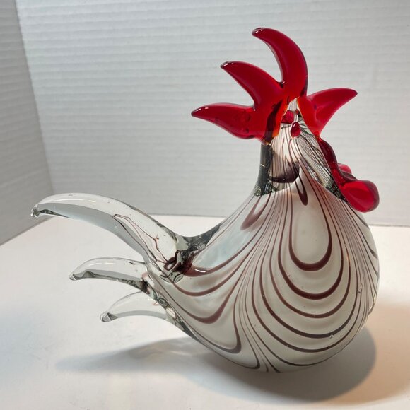 Handcrafted Glass Rooster Figurine With Red Comb & Tail Accents - Picture 3 of 9